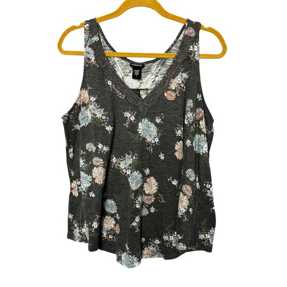 TORRID Gray Floral Sleeveless Lace Inset Split Back Tank Women Size 1 (1x) - Picture 1 of 10